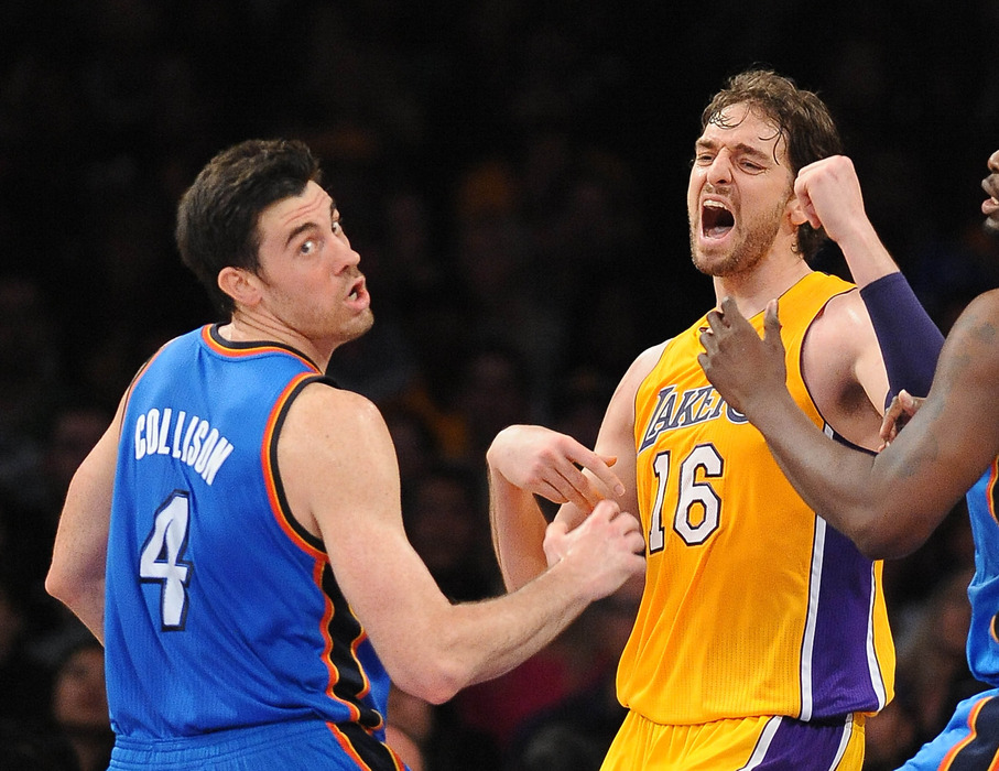 The sound waves emitted from Gasol's mouth blow Nick Collison away!