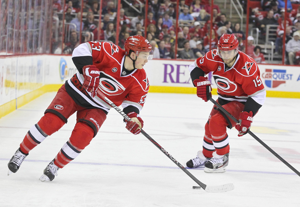 March 30, 2012; Raleigh, NC, USA; Jeff Skinner delivering a drop pass to Tuomo Ruutu, a popular combination this season. Mandatory Credit: James Guillory-US PRESSWIRE