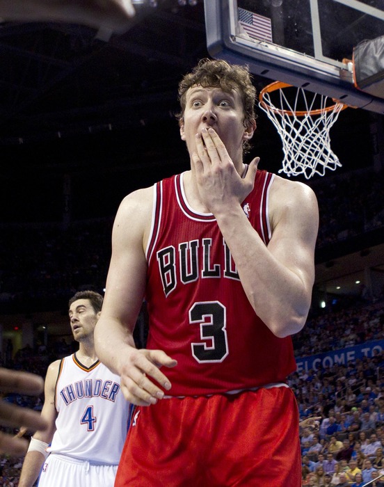 Omer Asik is surprised, but Nick Collison is just straight up outta his mind over there.