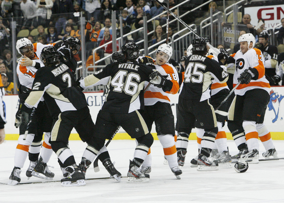 April 1, 2012; Pittsburgh, PA, USA; The Pittsburgh Penguins and Philadelphia Flyers fight against each other during the third period at the CONSOL Energy Center. The Philadelphia Flyers won 6-4. Mandatory Credit: Charles LeClaire-US PRESSWIRE
