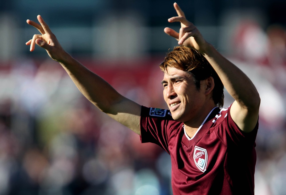 April 1, 2012; Commerce City, CO, USA; Colorado Rapids midfielder Kosuke Kimura rallies the crowd prior to playing the Chicago Fire at Dick's Sporting Goods Park. Mandatory Credit: Andrew Carpenean-US PRESSWIRE