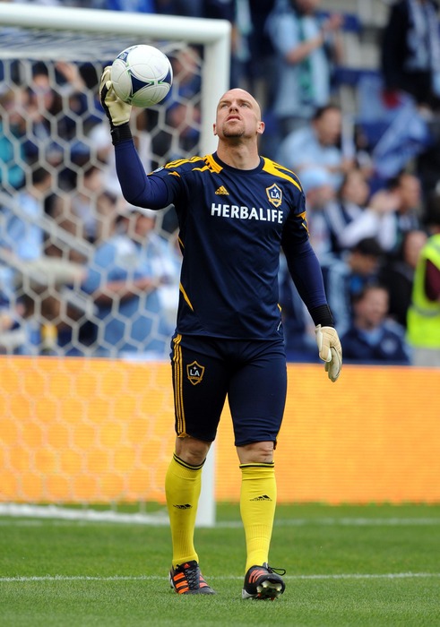 Ap 7, 2012; Kansas City, KS, USA; Los Angeles Galaxy goal keeper Bill Gaudette (1) warms up before the game against Sporting KC at Livestrong Sporting Park. Mandatory Credit: John Rieger-US PRESSWIRE