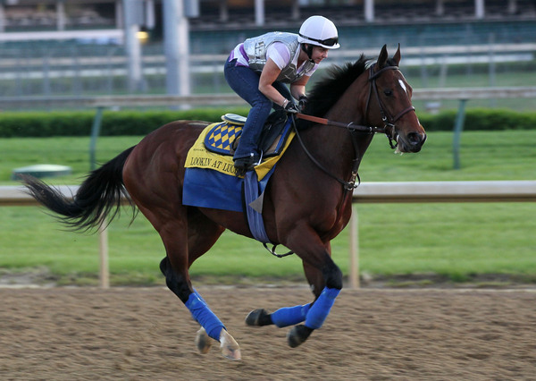 LOUISVILLE, KY - APRIL 30:  Exercise rider Dana Barnes rides Lookin at Lucky during a morning workout at Churchill Downs on April 30, 2010 in Louisville, Kentucky.  (Photo by Andy Lyons/Getty Images)