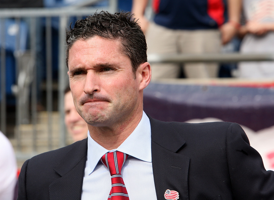 FOXBORO, MA - APRIL 14:   Head coach Jay Heaps of the New England Revolution looks out on the field before a game against the DC United at Gillette Stadium April 14, 2012 in Foxboro, Massachusetts. (Photo by Gail Oskin/Getty Images)