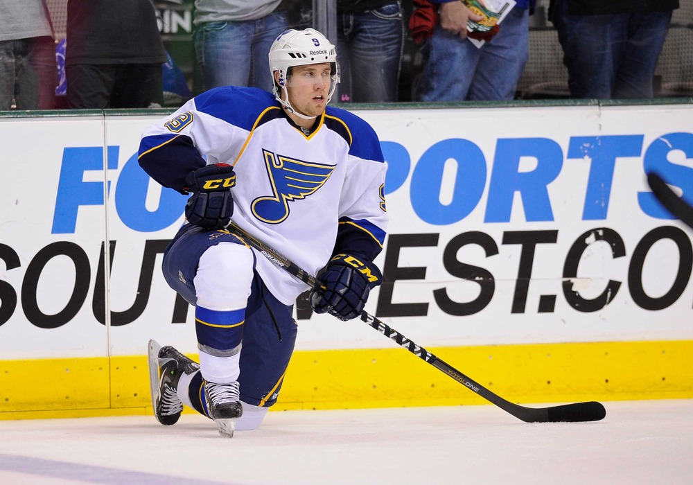 Apr 7, 2012; Dallas, TX, USA; St. Louis Blues center Jaden Schwartz (9) warms up before the game against the Dallas Stars at the American Airlines Center. The Blues defeated the Stars 3-2.  Mandatory Credit: Jerome Miron-US PRESSWIRE