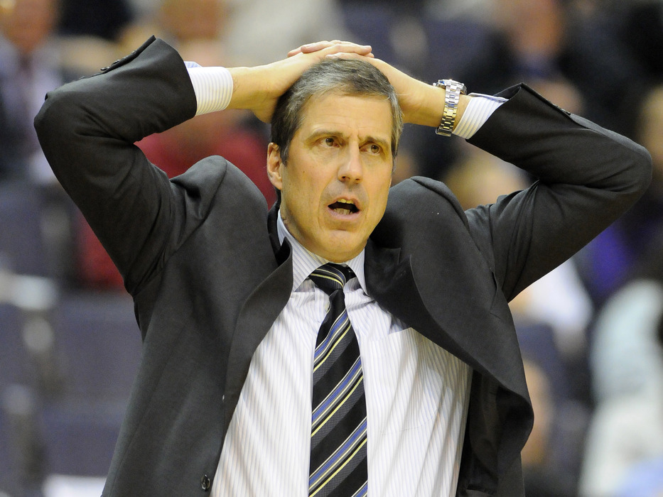 Apr 23, 2012; Washington, DC, USA; Washington Wizards head coach Randy Wittman reacts during the game against the Charlotte Bobcats at the Verizon Center. The Wizards defeated the Bobcats 101 - 73. Mandatory Credit: Brad Mills-US PRESSWIRE