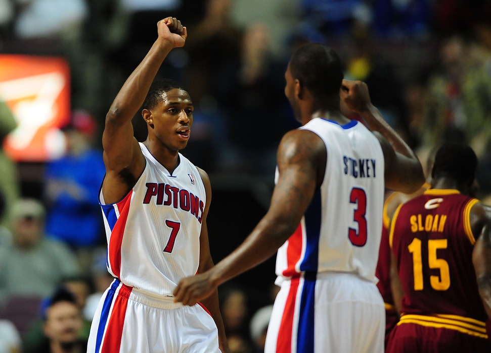 April 17, 2012; Detroit, MI, USA; Detroit Pistons point guard Brandon Knight (7) against the Cleveland Cavaliers at The Palace of Auburn Hills. Mandatory Credit: Andrew Weber-US PRESSWIRE