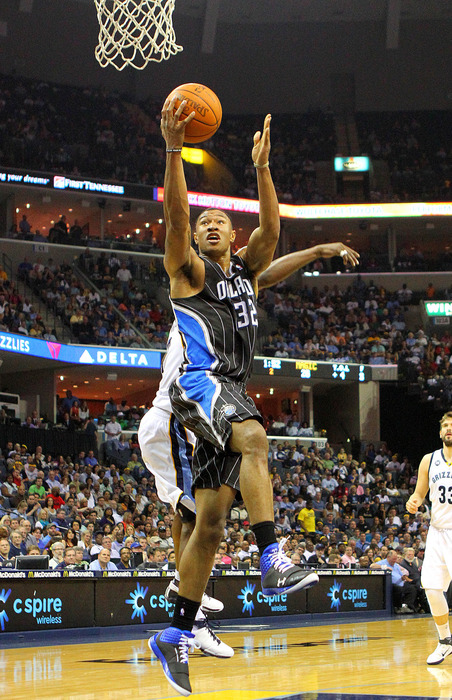 Apr 26, 2012; Memphis, TN, USA;  Orlando Magic forward Justin Harper (32) shoots the ball during the first half against the Memphis Grizzlies at the FedEx Forum.  Mandatory Credit: Spruce Derden-US PRESSWIRE