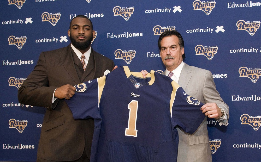 April 27, 2012; St. Louis, MO, USA; St. Louis Rams first round draft pick Michael Brockers and head coach Jeff Fisher pose for a photo after a press conference at ContinuityX Training Center. Mandatory Credit: Jeff Curry-US PRESSWIRE
