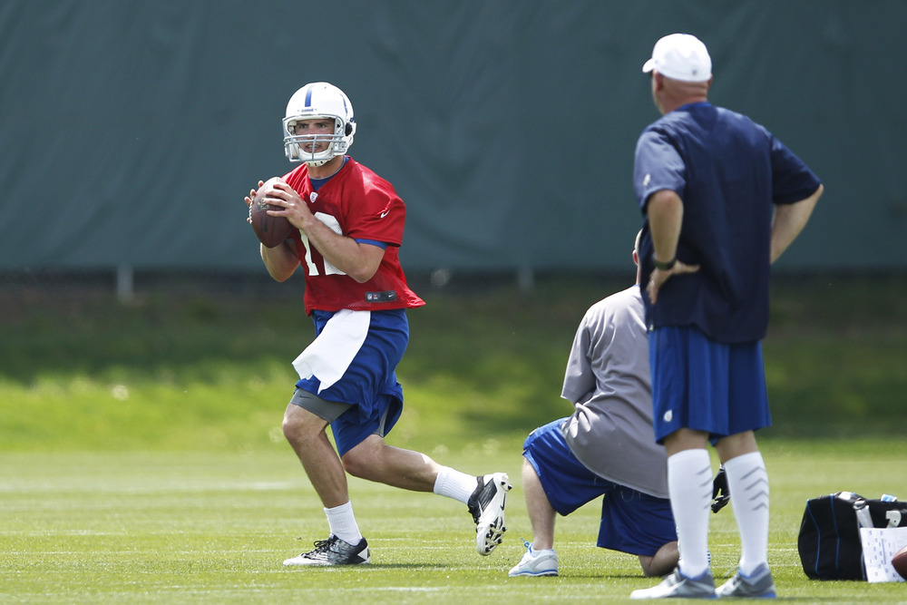 INDIANAPOLIS, IN - MAY 4: Andrew Luck #12 of the Indianapolis Colts participates during a rookie minicamp at the team facility on May 4, 2012 in Indianapolis, Indiana. (Photo by Joe Robbins/Getty Images)