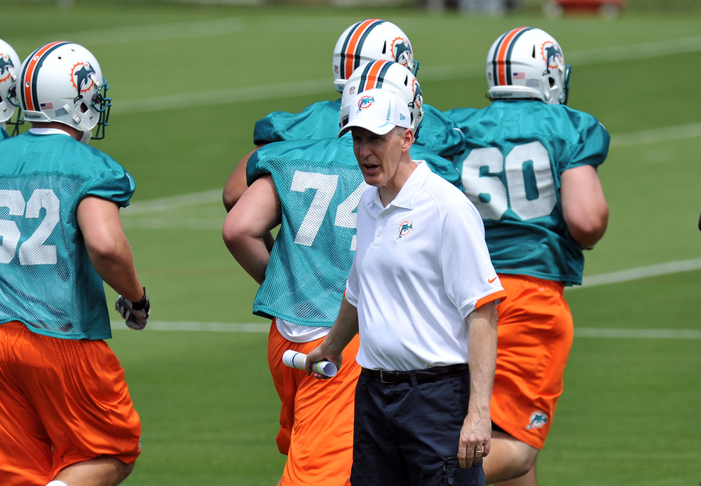 May 4, 2012; Davie, FL, USA; dMiami Dolphins head coach Joe Philbin during rookie mini-camp practice at the Dolphins training facility. Mandatory Credit: Steve Mitchell-US PRESSWIRE