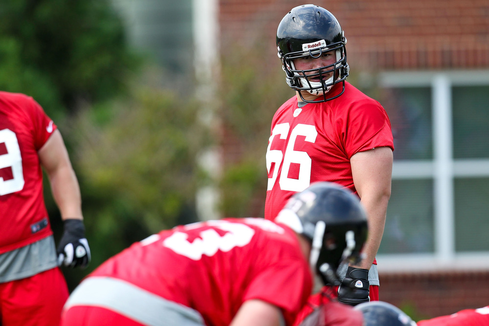 FLOWERY BRANCH, GA - MAY 12: Peter Konz #66 of the Atlanta Falcons watches practice during the rookie minicamp at the Atlanta Falcons Training Facility on May 12, 2012 in Flowery Branch, Georgia. (Photo by Daniel Shirey/Getty Images)