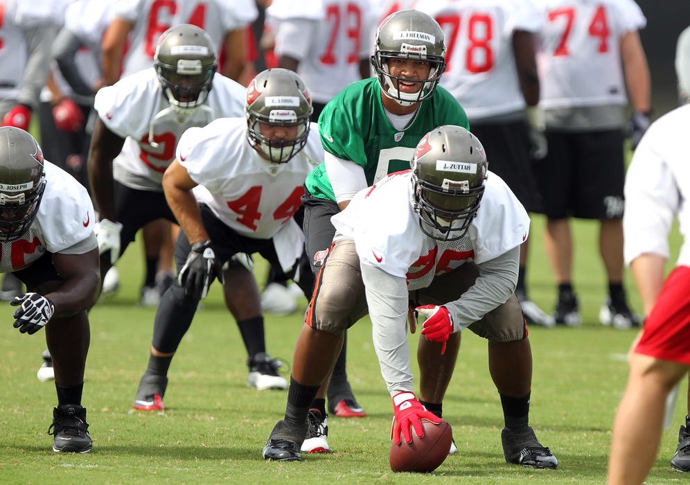 May 15, 2012; Tampa, FL, USA;  Tampa Bay Buccaneers quarterback Josh Freeman (5) calls a play as center guard Jeremy Zuttah (76) hikes the ball during organized team activities at One Buc.   Mandatory Credit: Kim Klement-US PRESSWIRE