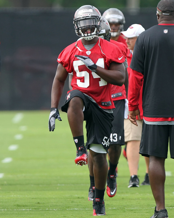 May 15, 2012; Tampa, FL, USA;  Tampa Bay Buccaneers linebacker Lavonte David (54) works out during organized team activities at One Buc.   Mandatory Credit: Kim Klement-US PRESSWIRE