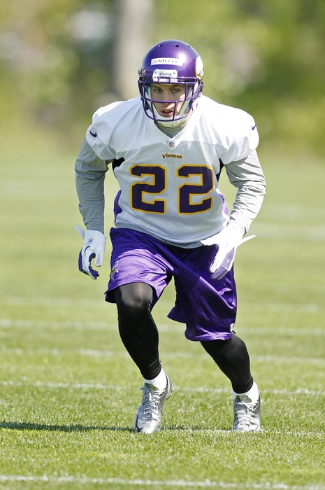 May 4, 2012; Eden Prairie, MN, USA; Minnesota Vikings safety Harrison Smith (22) runs drills at rookie camp at Winter Park. Mandatory Credit: Bruce Kluckhohn-US PRESSWIRE