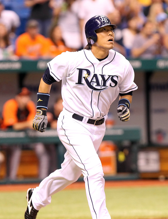 June 1, 2012; St. Petersburg, FL, USA; Tampa Bay Rays left fielder Hideki Matsui (35) looks up after he hit a 2-run home run in the first inning against the Baltimore Orioles at Tropicana Field. Mandatory Credit: Kim Klement-US PRESSWIRE