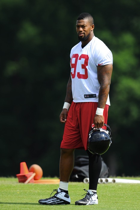 June 6, 2012; Flowery Branch, GA, USA; Atlanta Falcons defensive end Ray Edwards (93) during organized team activities at the Falcons training facility. Mandatory Credit: Dale Zanine-US PRESSWIRE