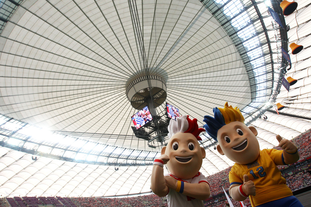 Polish mascot, left, auditioning for Middle Finger Project.  (Photo by Alex Grimm/Getty Images)
