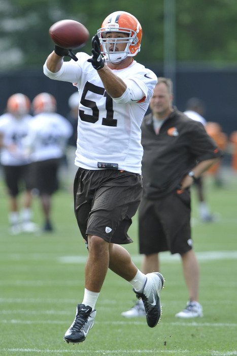 Browns LB Chris Gocong was carted off the field during Saturday morning's practice. Mandatory Credit: David Richard-US PRESSWIRE