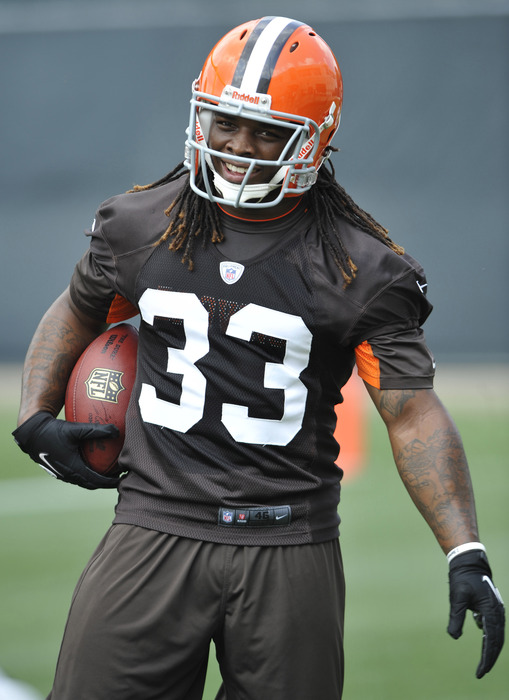 Jun 12, 2012; Berea, OH, USA; Cleveland Browns running back Trent Richardson (33) stands with the ball during minicamp at the Cleveland Browns training facility. Mandatory Credit: David Richard-US PRESSWIRE