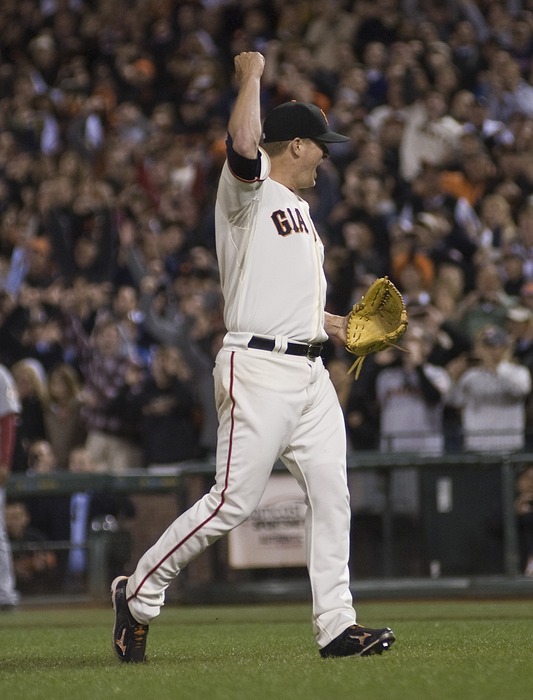San Francisco, CA, USA; San Francisco Giants starting pitcher Matt Cain (18) celebrates after throwing a perfect game against the Houston Astros at AT&T Park.  Mandatory Credit: Ed Szczepanski-US PRESSWIRE