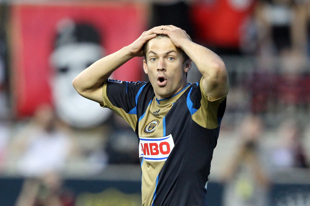 CHESTER, PA - JUNE 16: Forward Jack McInerney #9 of the Philadelphia Union reacts to an offsides call during a game against DC United at PPL Park on June 16, 2012 in Chester, Pennsylvania. D.C. United won1-0. (Photo by Hunter Martin/Getty Images)