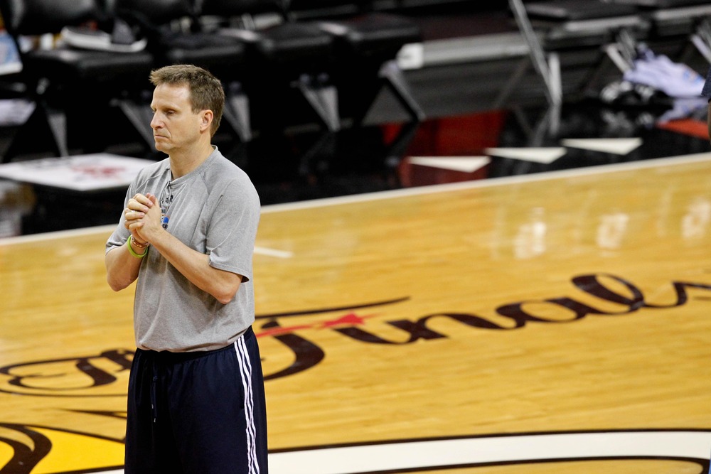 June 18, 2011; Miami, FL, USA; Oklahoma City Thunder head coach Scott Brooks during practice for game four of the 2012 NBA finals against the Miami Heat at American Airlines Arena.  Mandatory Credit: Derick E. Hingle-US PRESSWIRE