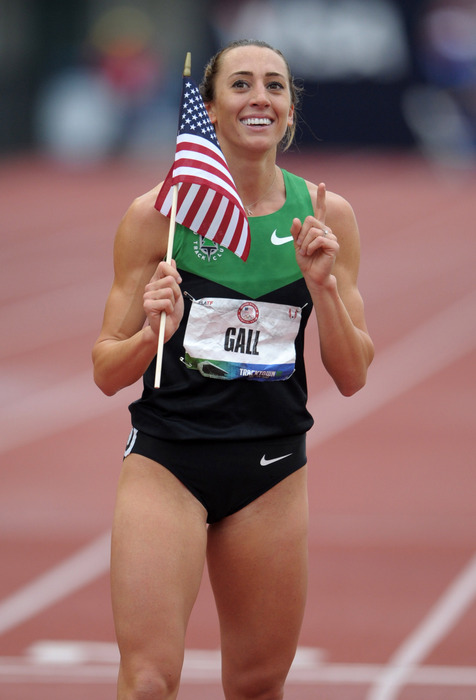 Jun 25, 2012; Eugene, OR, USA; Geena Gall takes a victory lap after finishing second in the womens 800m in 1:59.24 in the 2012 U.S. Olympic Team Trials at Hayward Field. Mandatory Credit: Kirby Lee/Image of Sport-US PRESSWIRE