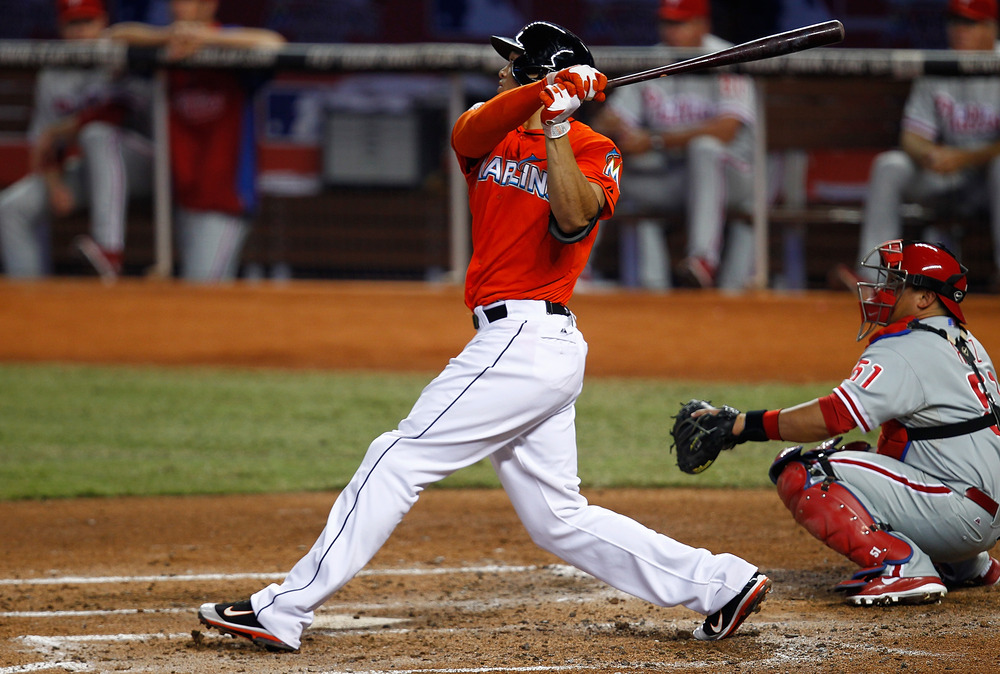 MIAMI, FL - JULY 01: Giancarlo Stanton #27 of the Miami Marlins hits a home run in the third inning during a game against the Philadelphia Phillies at Marlins Park on July 1, 2012 in Miami, Florida.  (Photo by Sarah Glenn/Getty Images)