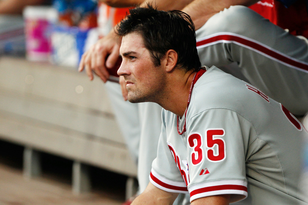 July 5, 2012; Flushing, NY, USA; Philadelphia Phillies starting pitcher Cole Hamels (35) sits in the dugout against the New York Mets during the first inning at Citi Field. Mandatory Credit: Debby Wong-US PRESSWIRE