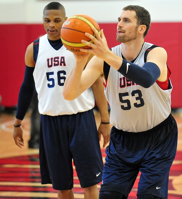 July 6, 2012; Las Vegas, NV, USA; Team USA guard Russell Westbrook and forward Kevin Love during practice at the UNLV Mendenhall Center. Mandatory Credit: Gary A. Vasquez-US PRESSWIRE