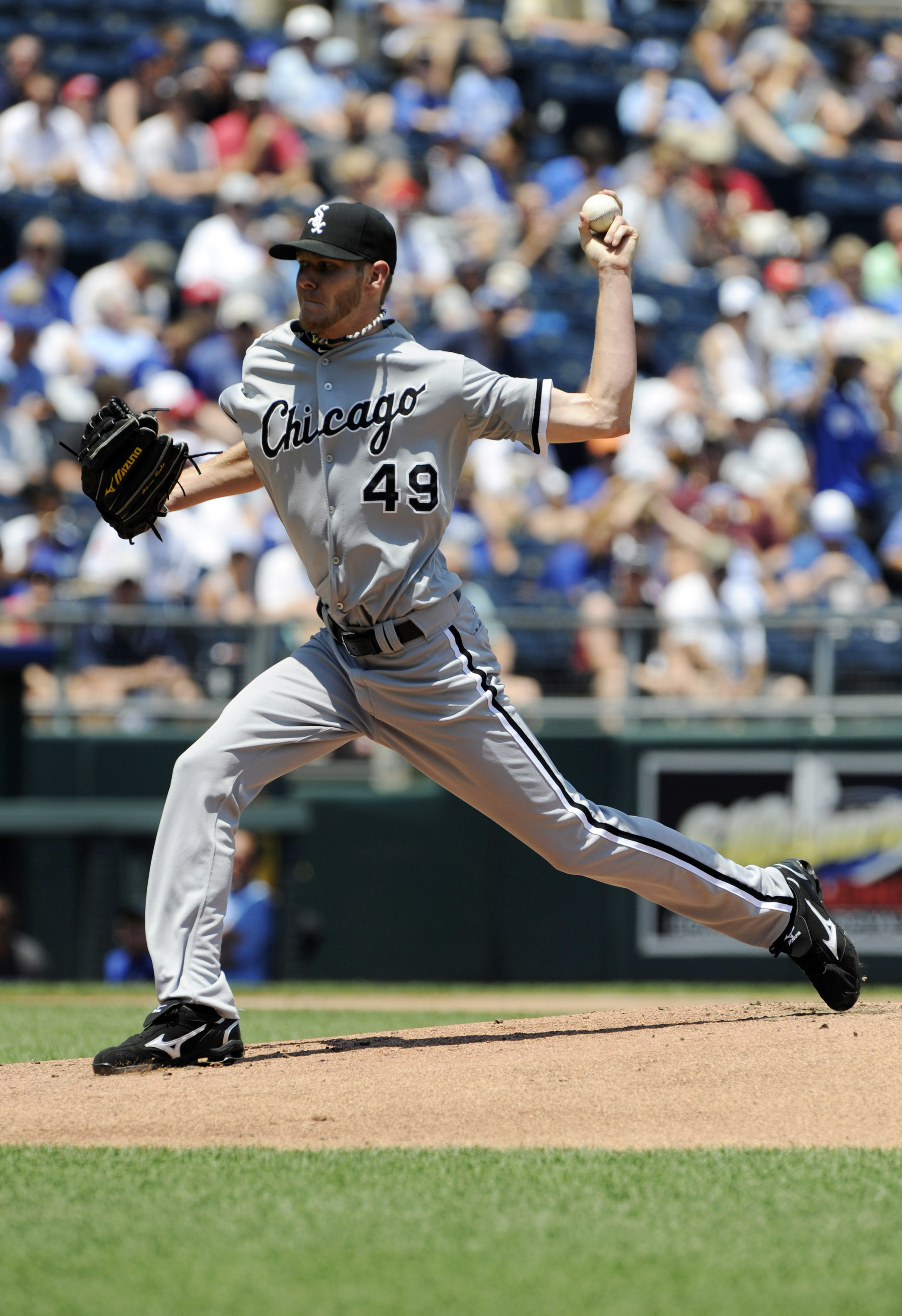 July 15, 2012; Kansas City, MO, USA; Chicago White Sox pitcher Chris Sale (49) delivers a pitch against the Kansas City Royals during the first inning at Kauffman Stadium.  Mandatory Credit: Peter G. Aiken-US PRESSWIRE