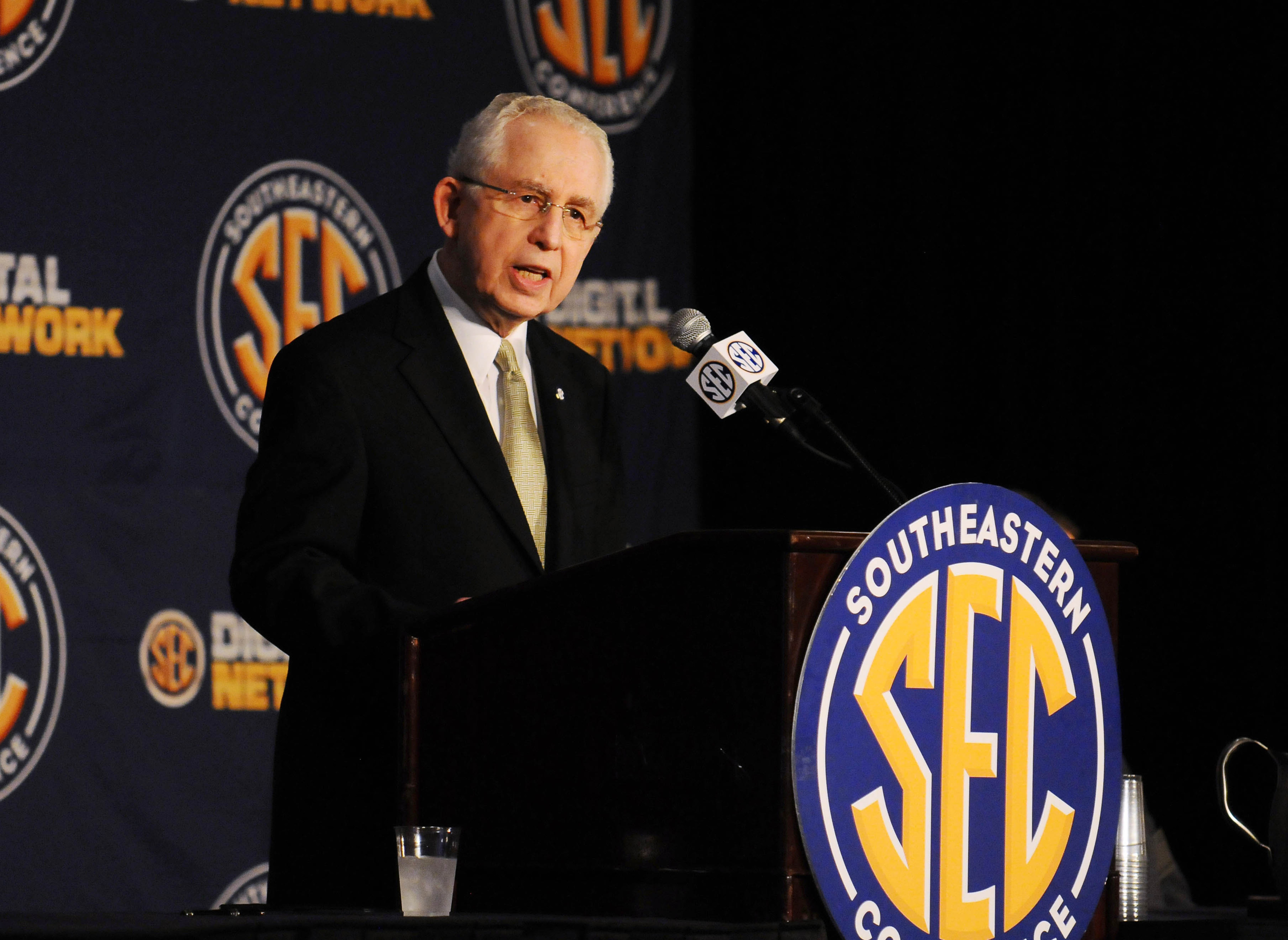 July 17, 2012; Hoover, AL, USA;  SEC commissioner Mike Slive speaks at a press conference during the 2012 SEC media days event at the Wynfrey Hotel.   Mandatory Credit: Kelly Lambert-US PRESSWIRE
