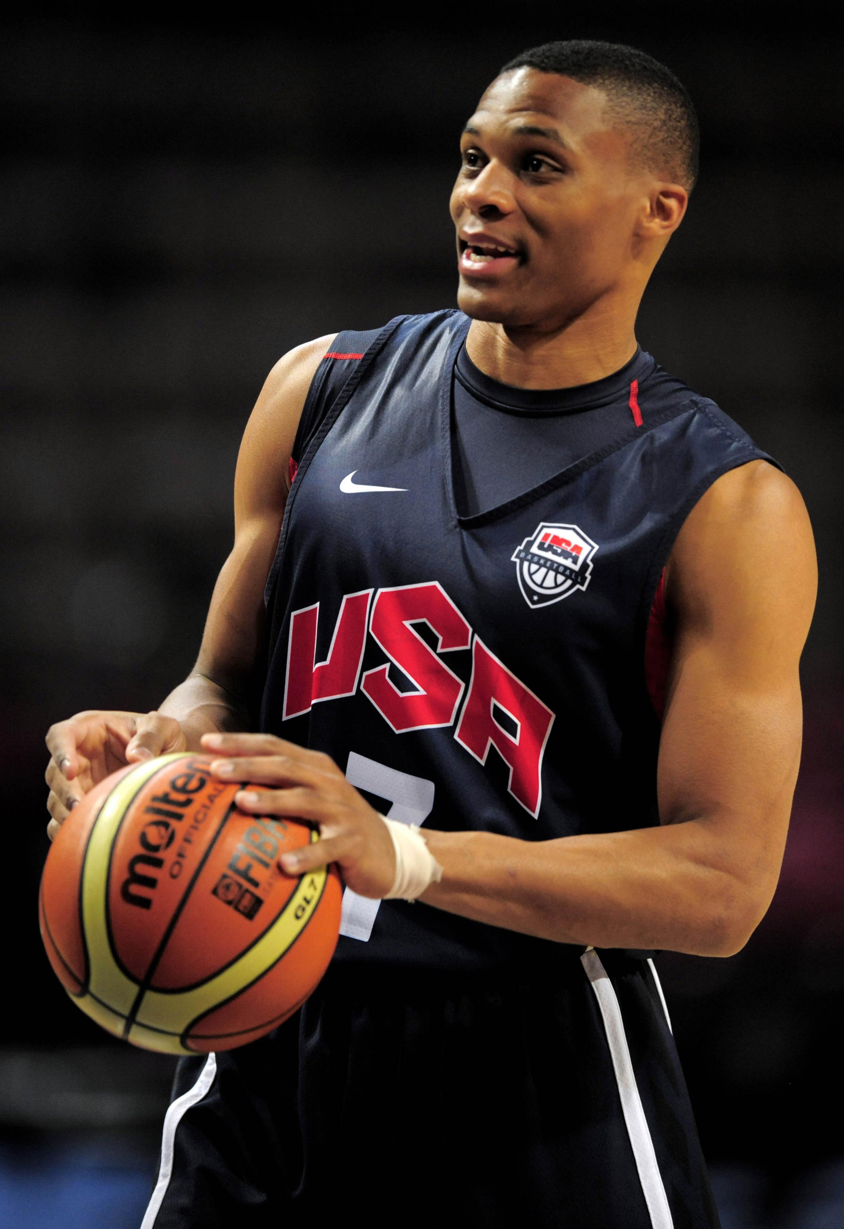 July 18, 2012; Manchester, UNITED KINGDOM; United States guard Russell Westbrook (7) during training for the 2012 London Olympic Games warm-up match against Great Britain at the Manchester Evening News Arena.  Mandatory Credit: Joe Toth-US PRESSWIRE