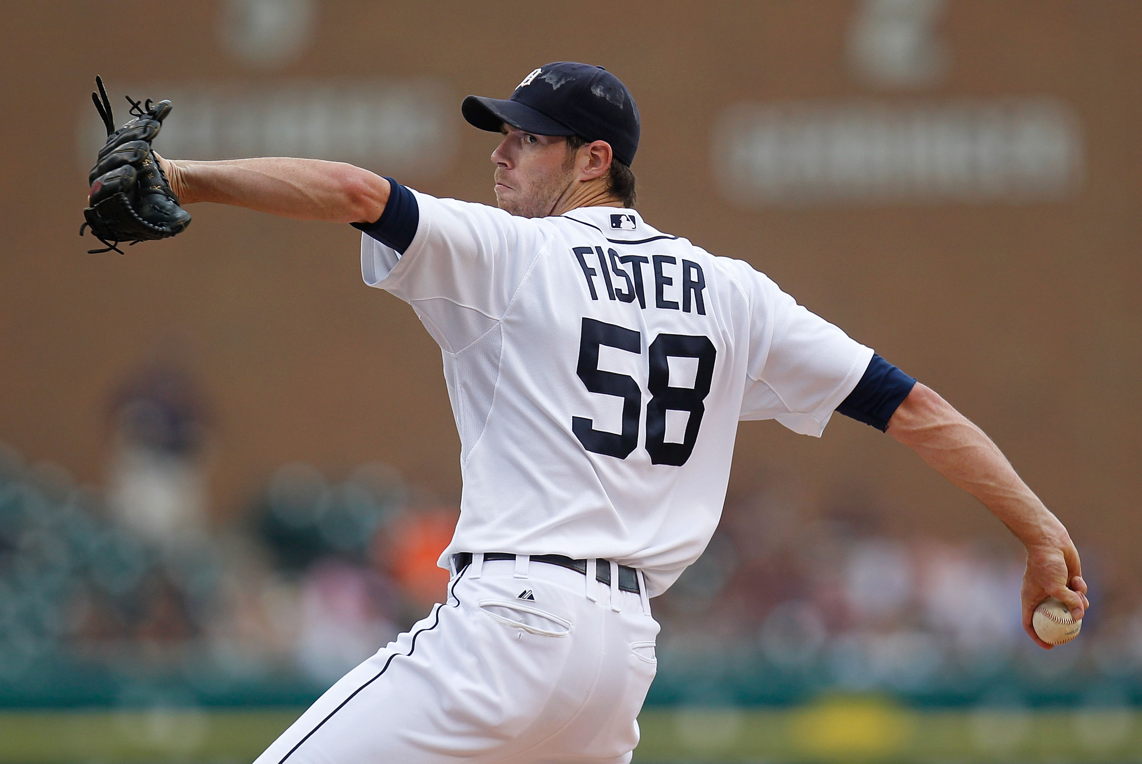 DETROIT, MI - JULY 18: Doug Fister #58 of the Detroit Tigers throws a first inning pitch while playing the Los Angeles Angels of Anaheim at Comerica Park on July 18, 2012 in Detroit, Michigan.  (Photo by Gregory Shamus/Getty Images)