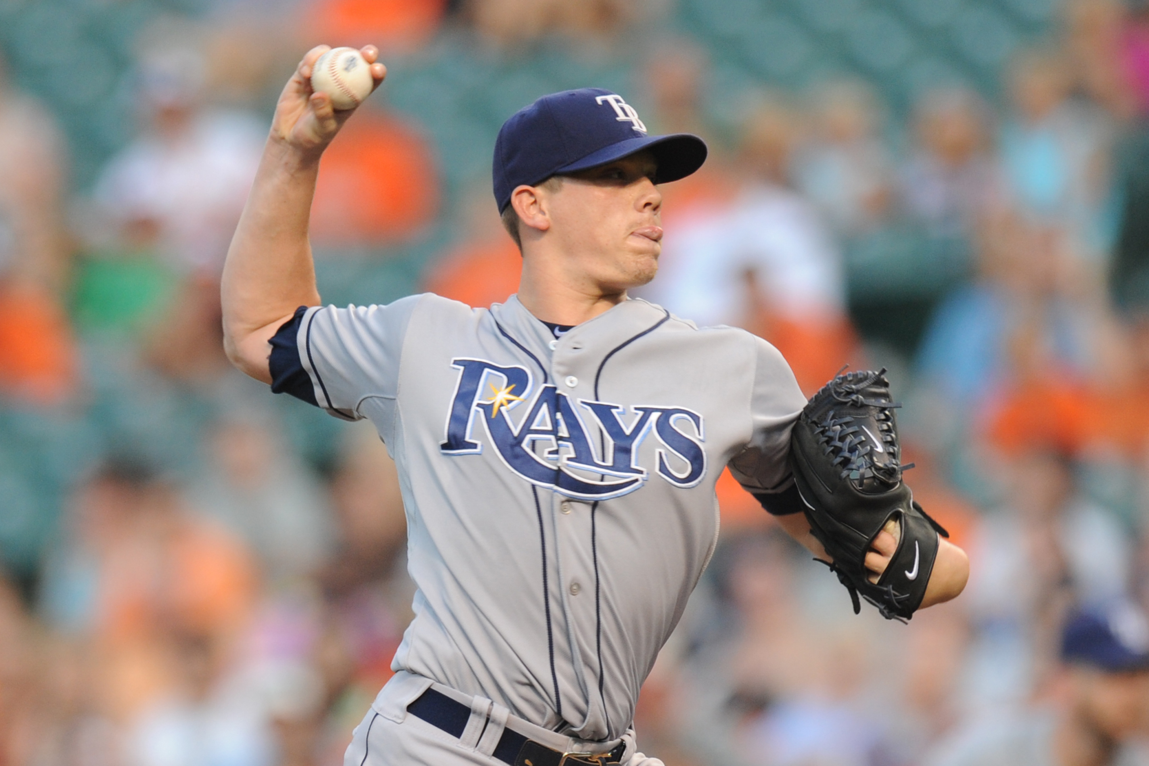 BALTIMORE, MD - JULY 24:  Jeremy Hellickson #58 of the Tampa Bay Rays pitches during a baseball game against the Baltimore Orioles on July 24, 2012 at Oriole Park at Camden Yards in Baltimore, Maryland.  (Photo by Mitchell Layton/Getty Images)