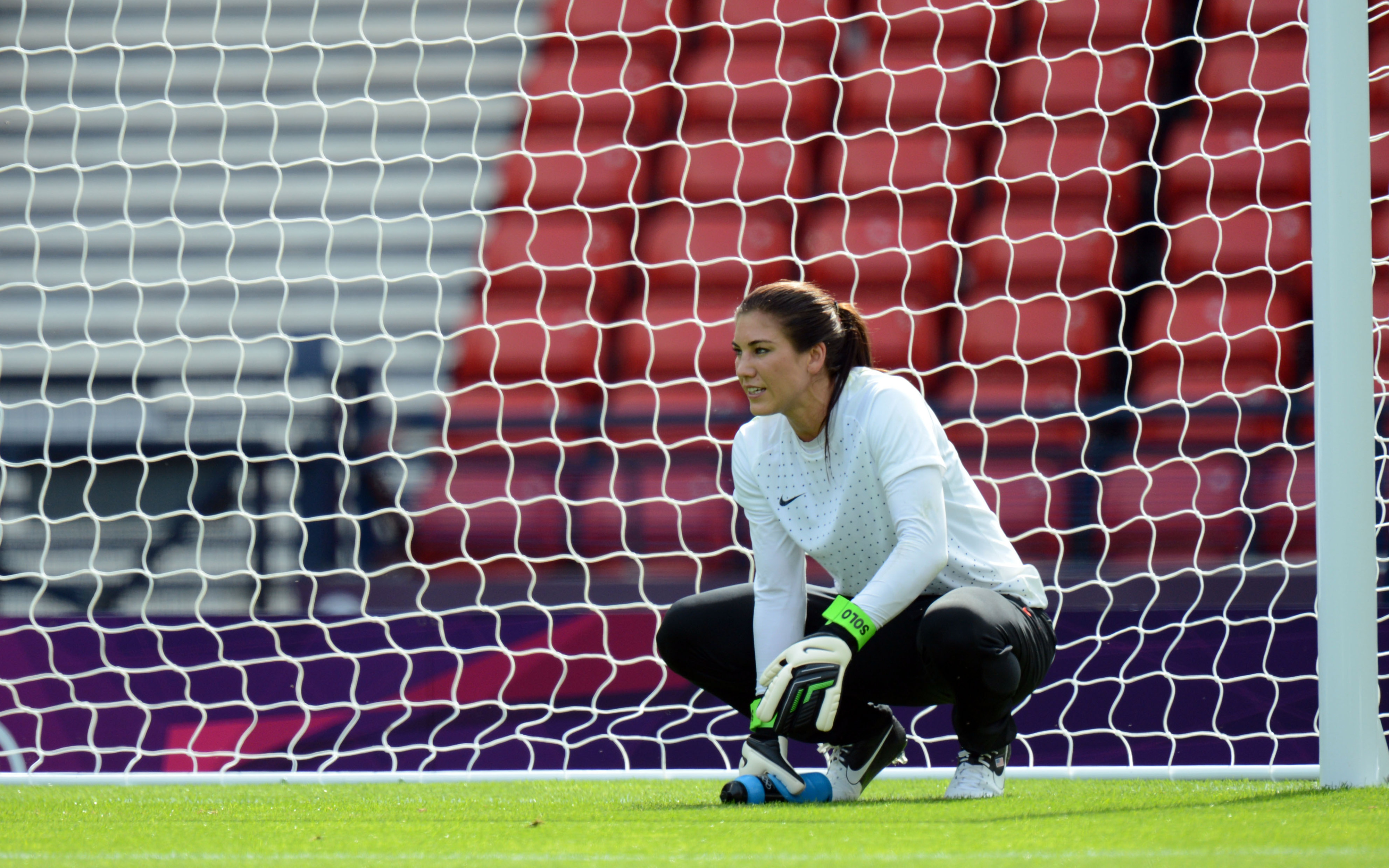 Jul 25, 2012; Glasgow, United Kingdom; USA goalie Hope Solo in goal prior France in the preliminary round of women's soccer in the London 2012 Olympic games at Hampden Park. Mandatory Credit: Matt Kryger-USA TODAY Sports