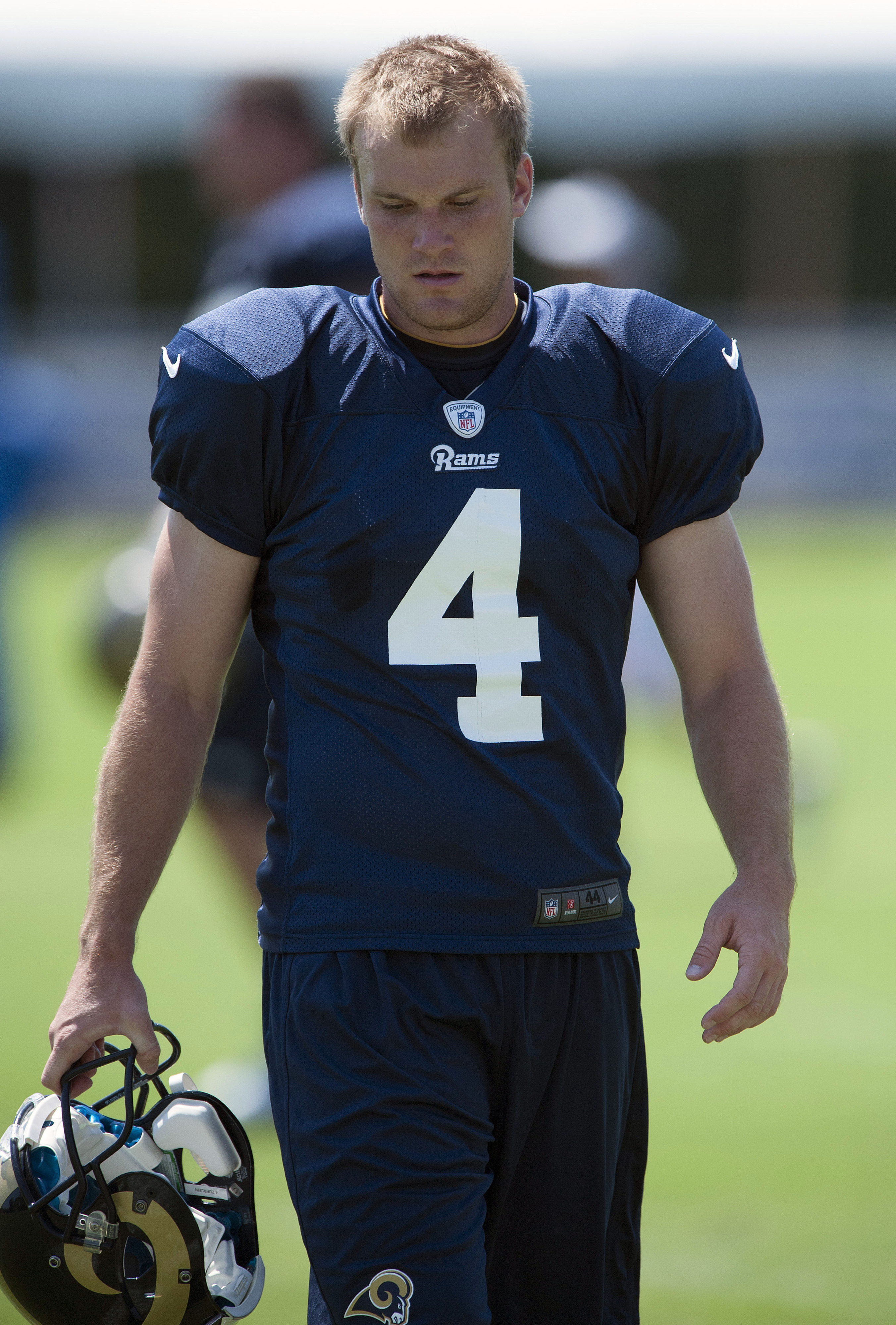 July 27, 2012; St. Louis, MO, USA; St. Louis Rams kicker Greg Zuerlein (4) looks on during training camp at ContinuityX Training Center. Mandatory Credit: Jeff Curry-US PRESSWIRE