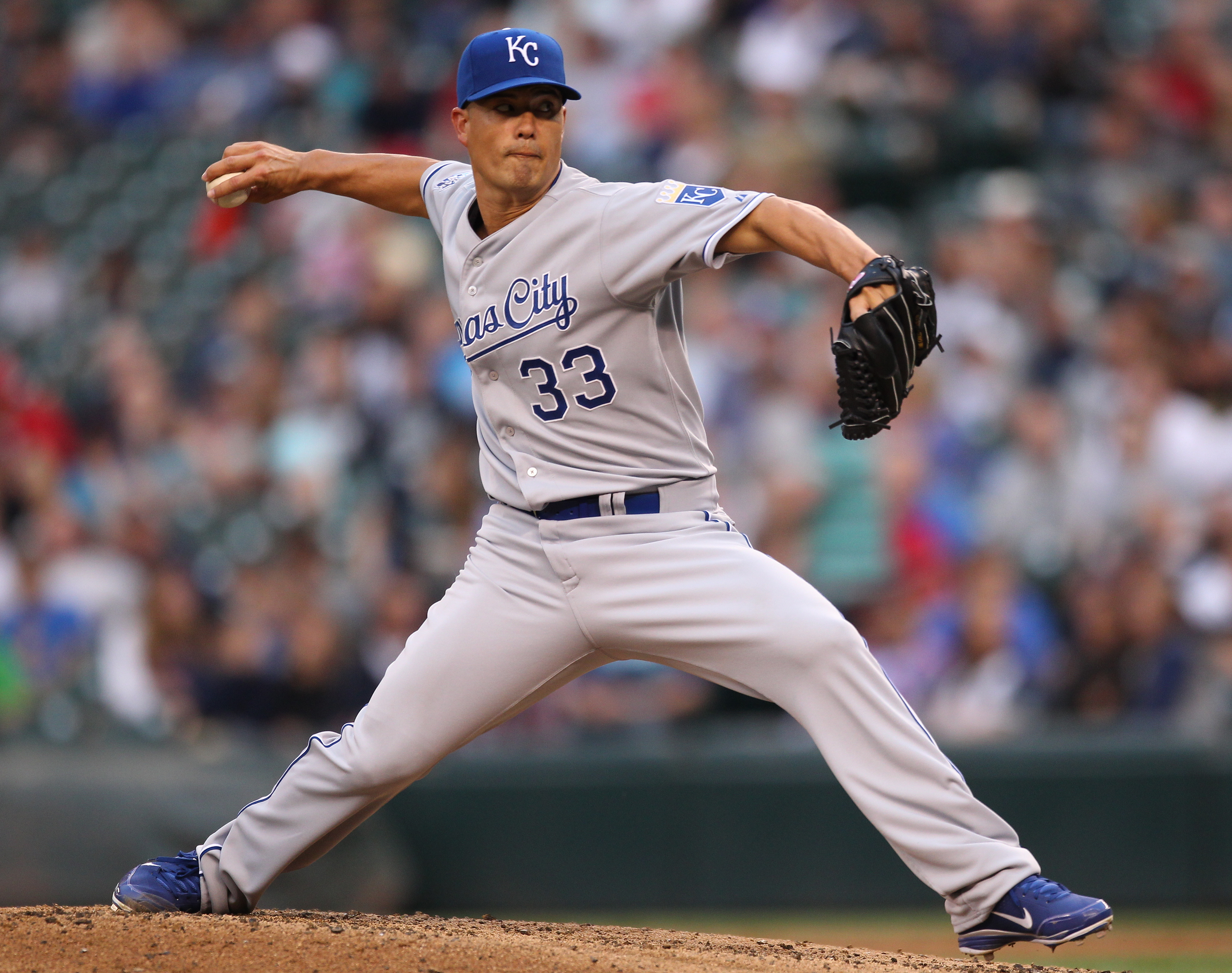 SEATTLE, WA - JULY 27:  Starter Jeremy Guthrie #33 of the Kansas City Royals pitches against the Seattle Mariners at Safeco Field on July 27, 2012 in Seattle, Washington.  (Photo by Otto Greule Jr/Getty Images)