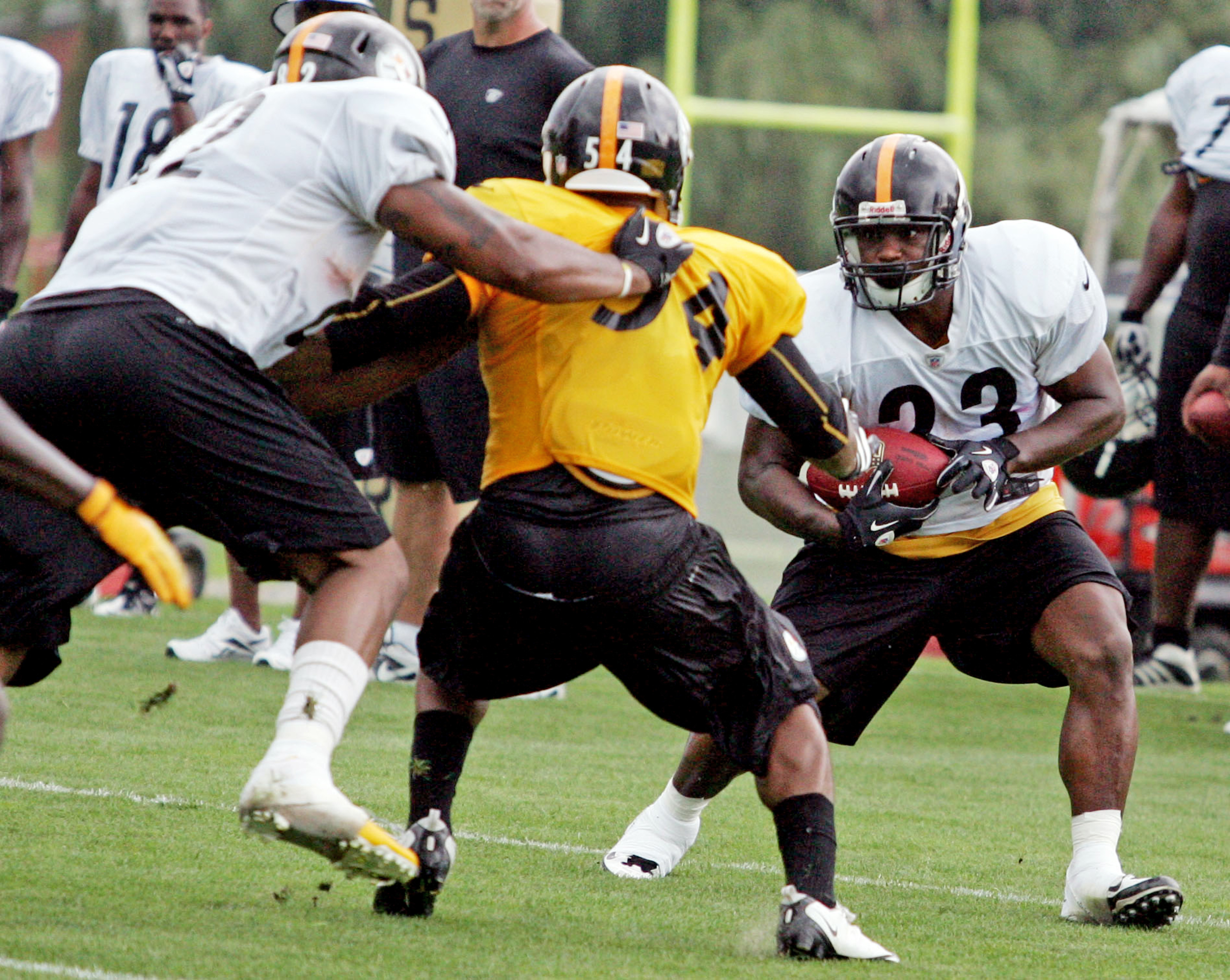July 28, 2012; Pittsburgh, PA, USA; Pittsburgh Steelers running back Isaac Redman (33) carries the ball during training camp at Saint Vincent College. Mandatory Credit: Charles LeClaire-US PRESSWIRE