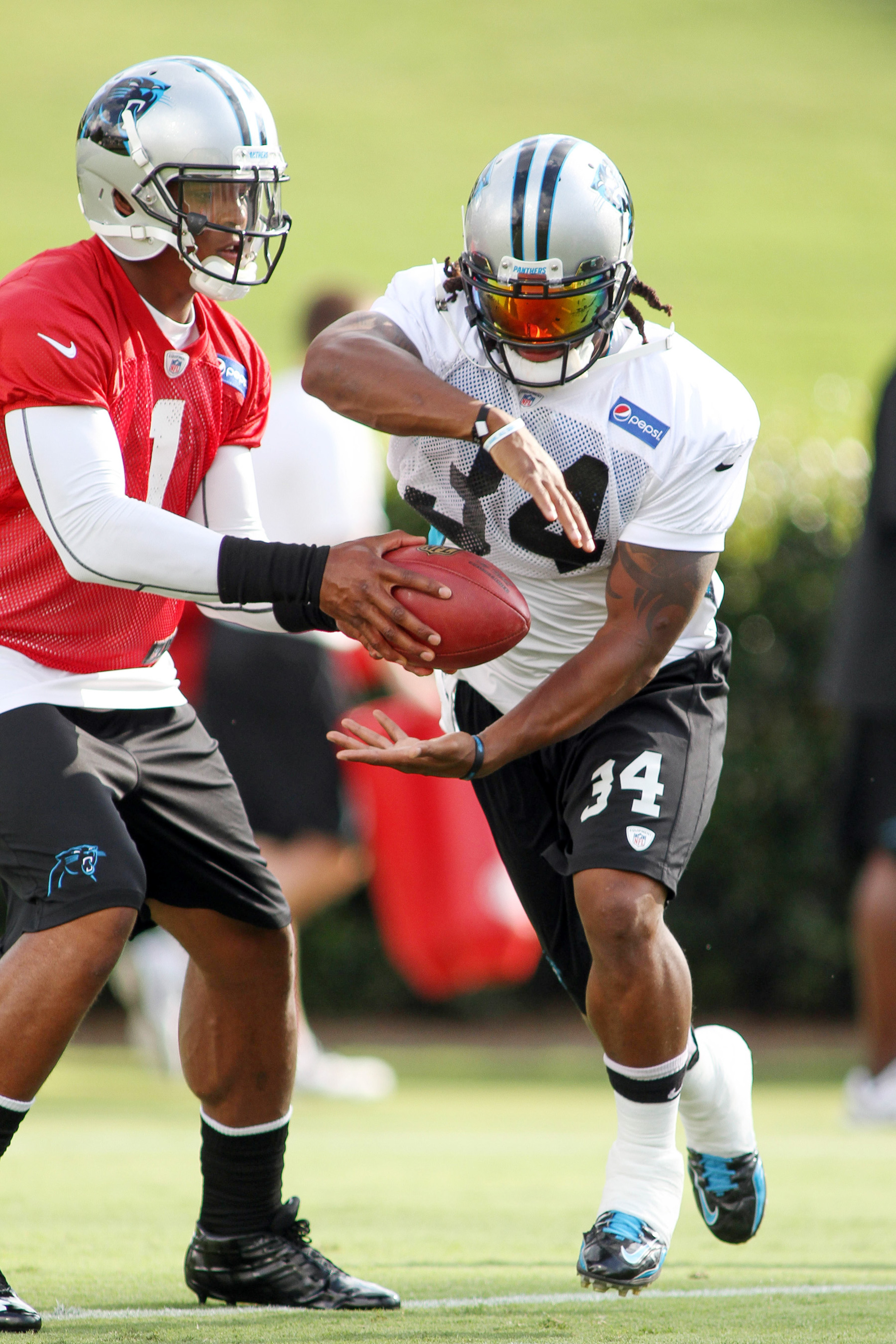 Jul 28, 2012; Spartanburg, SC USA. Carolina Panthers running back DeAngelo Williams (34) takes a handoff during the training camp held at Wofford College. Mandatory Credit: Jeremy Brevard-US PRESSWIRE