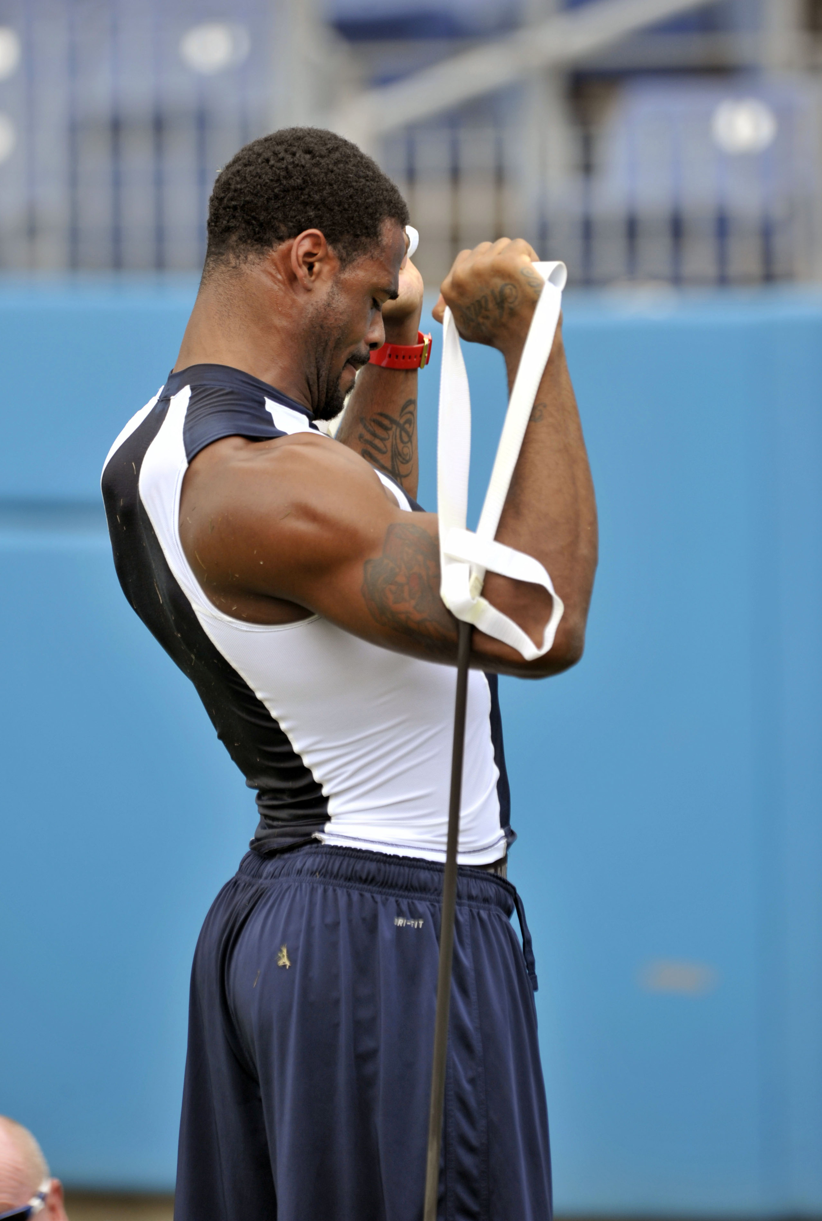 Aug 4, 2012; Nashville, TN, USA; Tennessee Titans player Kenny Britt works out on the sideline during training camp workout at LP Field. Mandatory Credit: Jim Brown-US PRESSWIRE