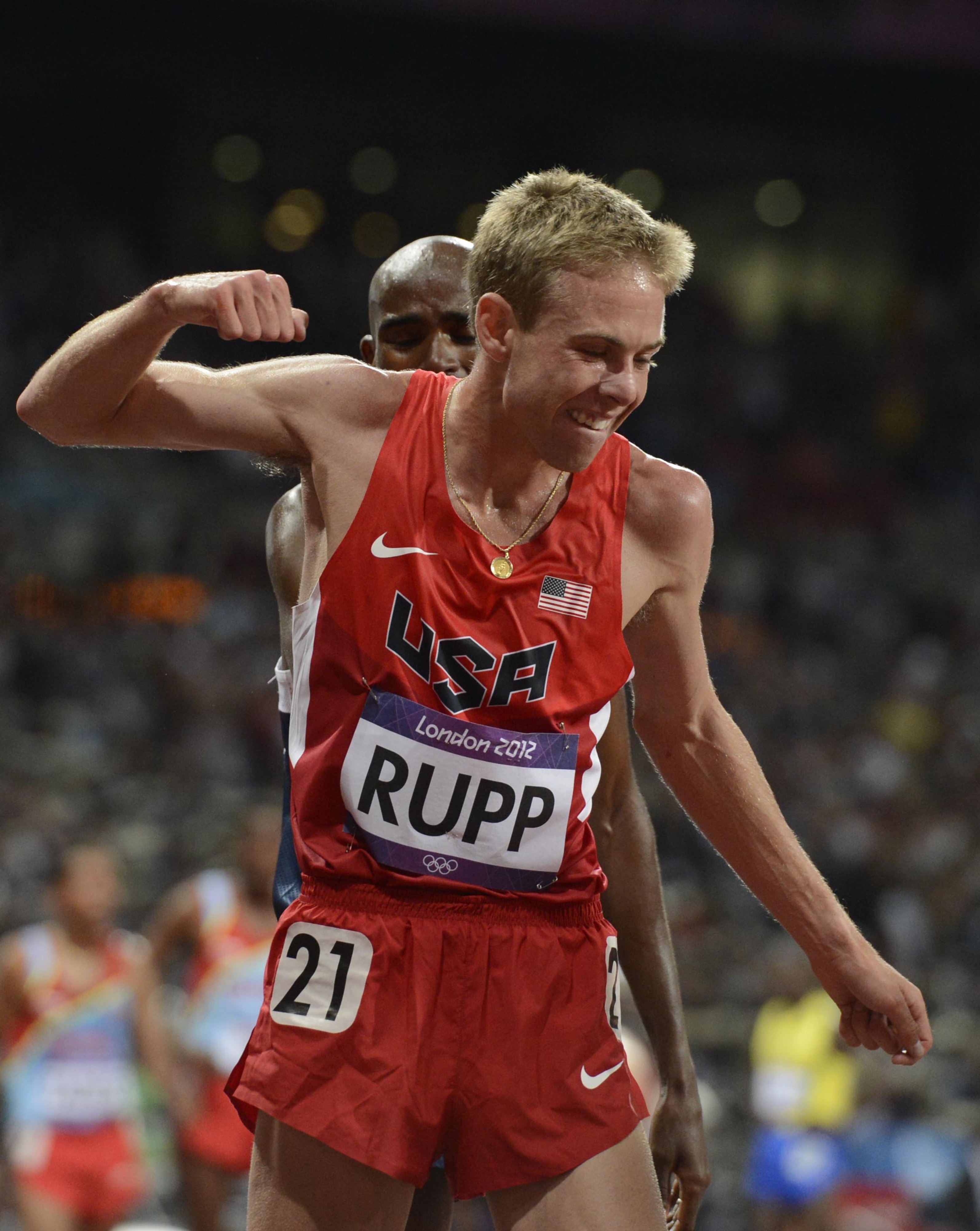 Aug 4, 2012; London, United Kingdom; Galen Rupp (USA) celebrates after coming in second in the men's 10000m final during the London 2012 Olympic Games at Olympic Stadium. Mandatory Credit: John David Mercer-USA TODAY Sports