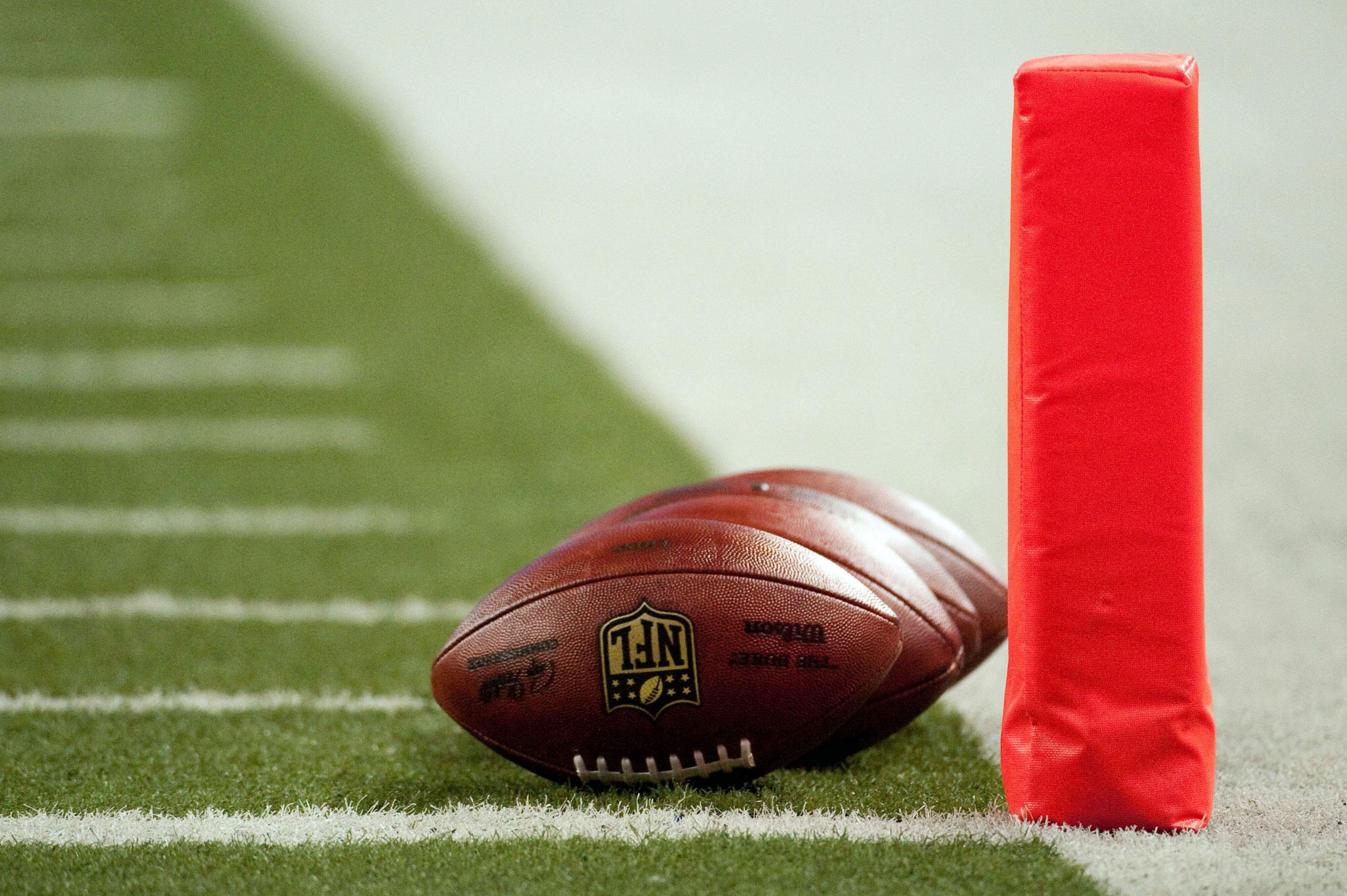 Aug 10, 2012; Detroit, MI, USA; A detailed view of footballs and the goal line marker before the preseason game between the Detroit Lions and the Cleveland Browns at Ford Field. Mandatory Credit: Tim Fuller-US PRESSWIRE