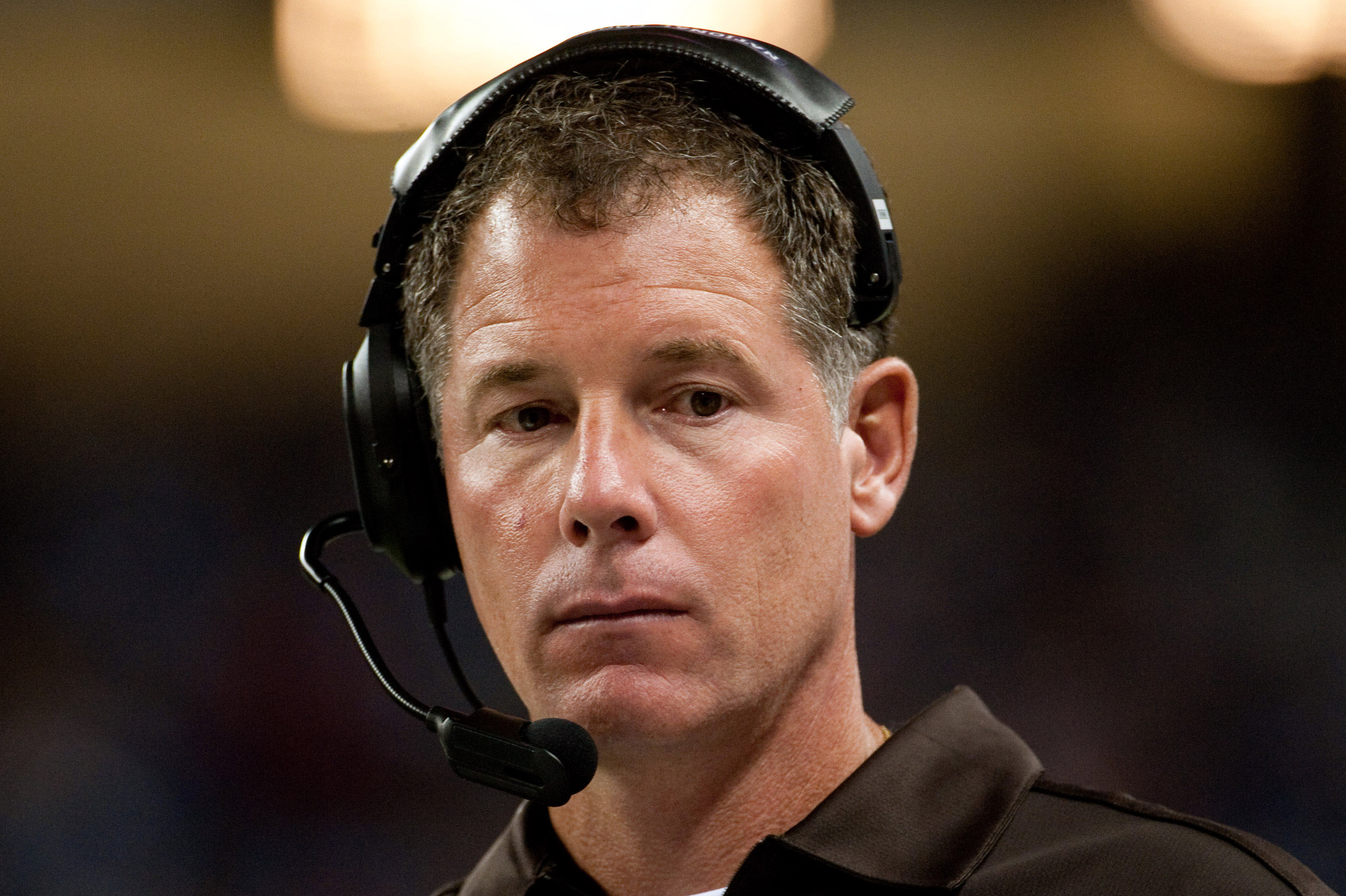 Aug 10, 2012; Detroit, MI, USA; Cleveland Browns head coach Pat Shurmur during the third quarter of a preseason game against the Detroit Lions at Ford Field.  Cleveland defeated Detroit 19-17. Mandatory Credit: Tim Fuller-US PRESSWIRE