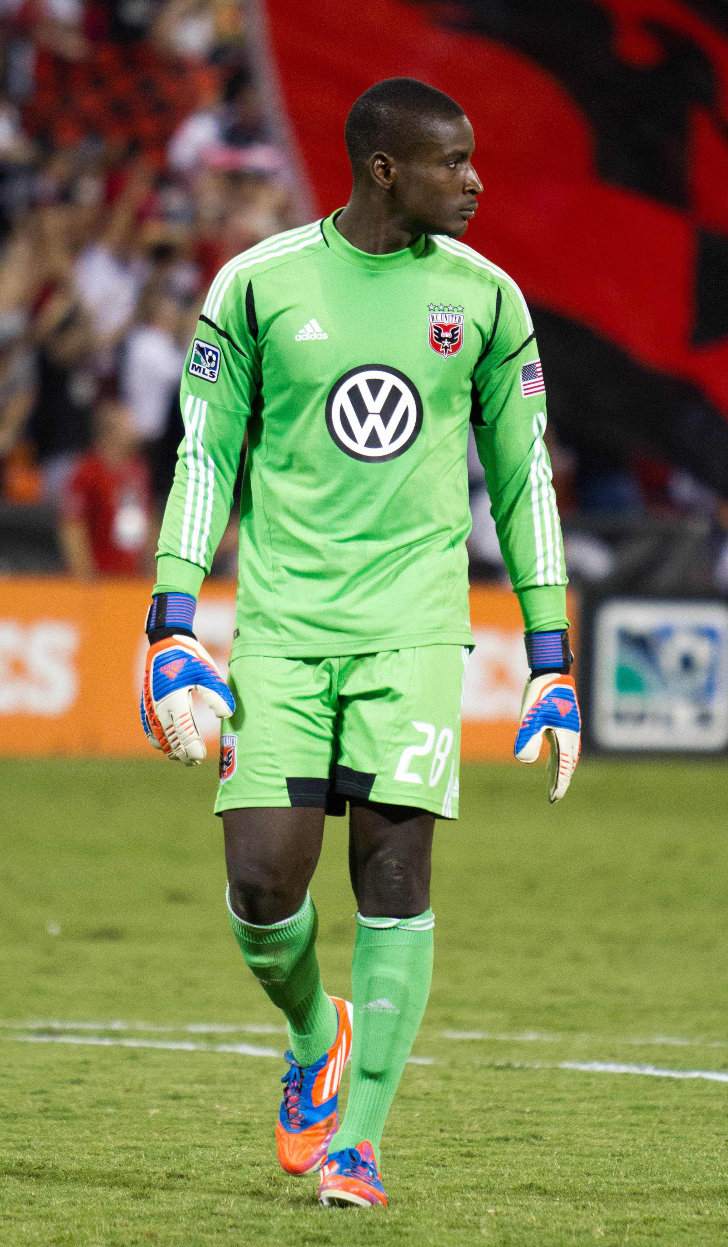 Aug 22, 2012; Washington, DC, USA; DC United goalkeeper Bill Hamid (28) reacts to a goal against Chicago Fire during the second half at RFK Stadium.  Mandatory Credit: Paul Frederiksen-US PRESSWIRE