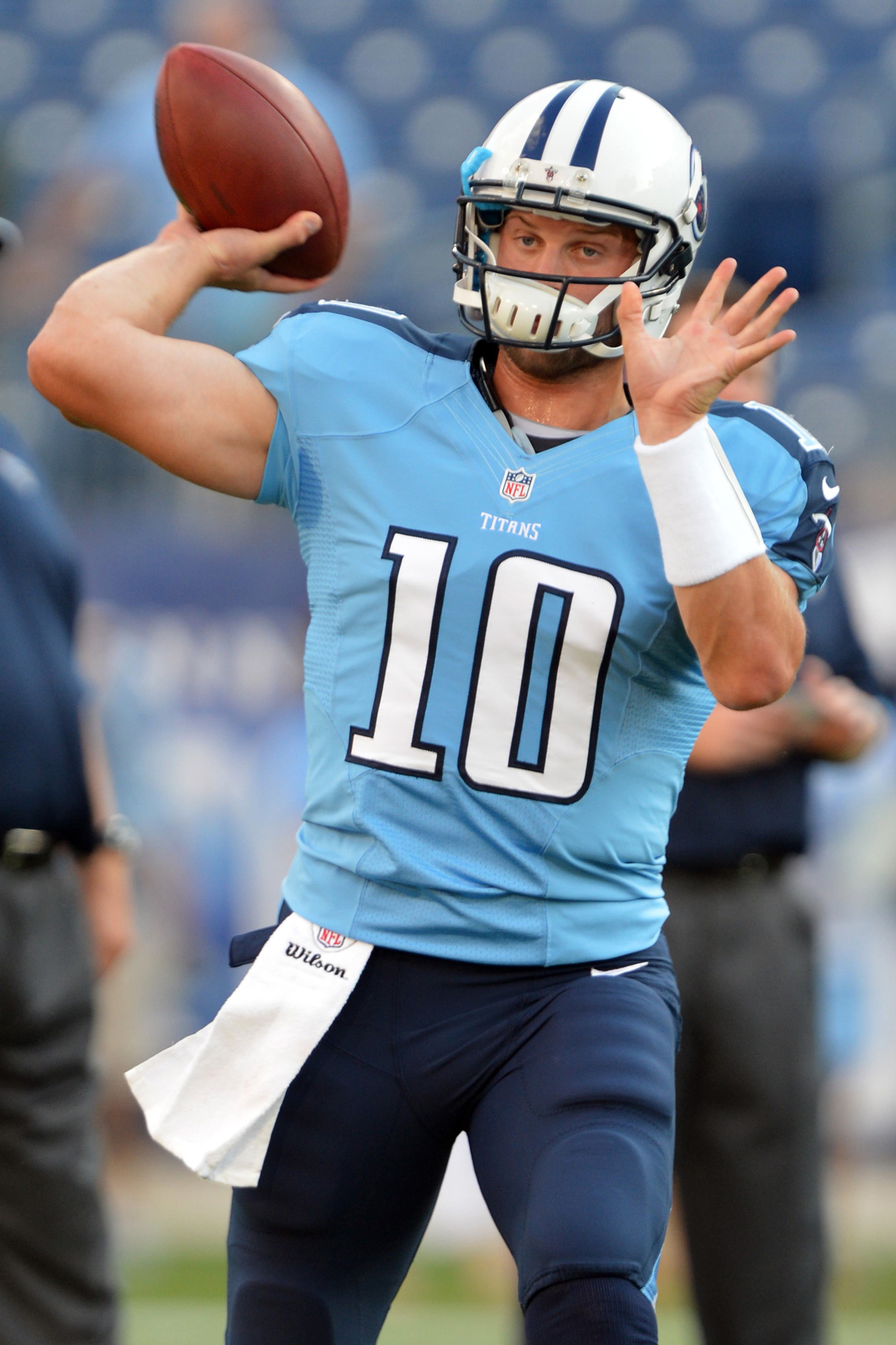 Aug 23, 2012; Nashville, TN, USA; Tennessee Titans quarterback Jake Locker (10) warms up before a game against the Arizona Cardinals at LP Field. Mandatory credit: Don McPeak-US PRESSWIRE