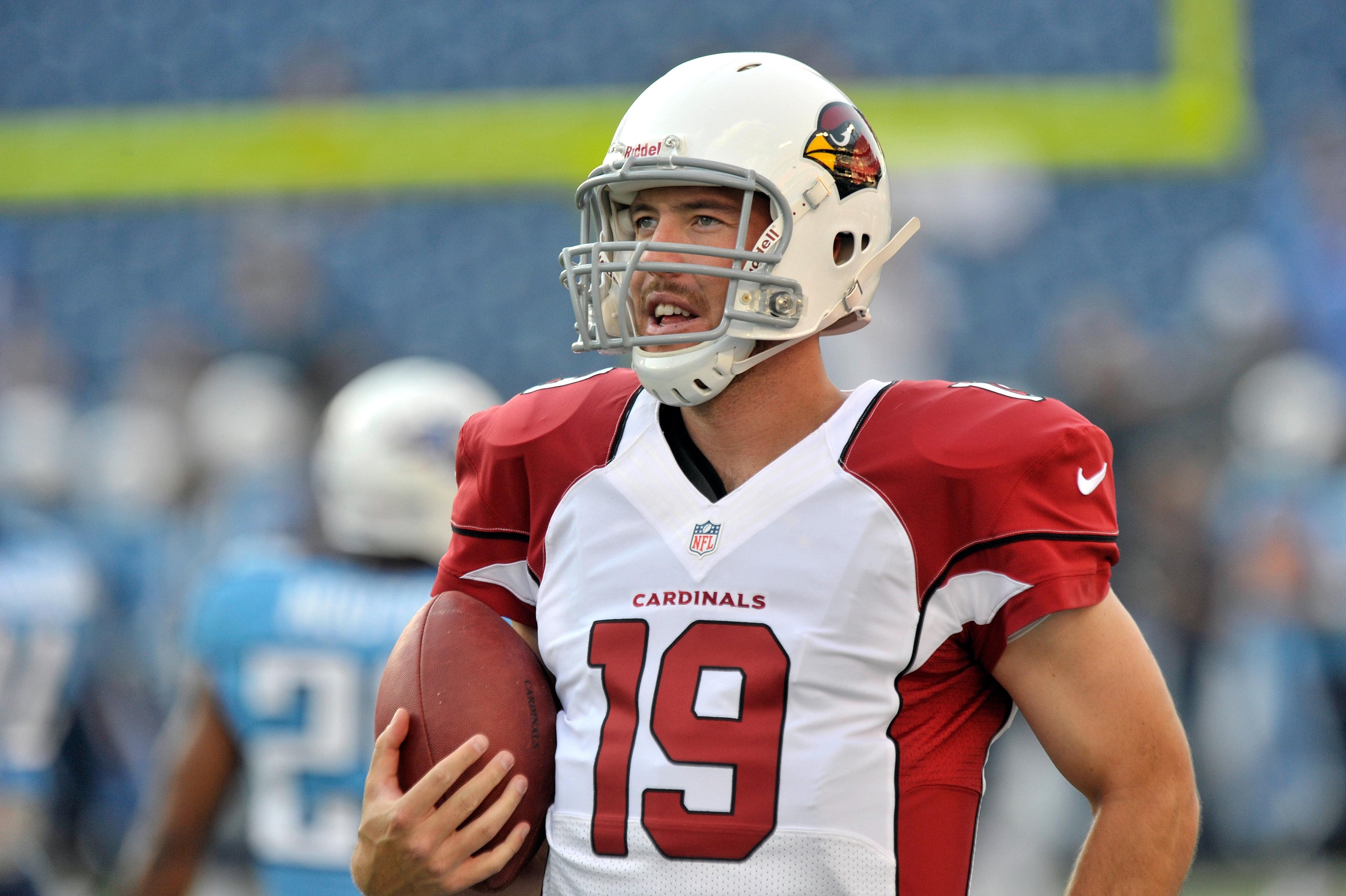 Aug 23, 2012; Nashville, TN, USA; Arizona Cardinals quarterback John Skelton (19) during warm up prior to the game against the Tennessee Titans at LP Field. Mandatory Credit: Jim Brown-US PRESSWIRE