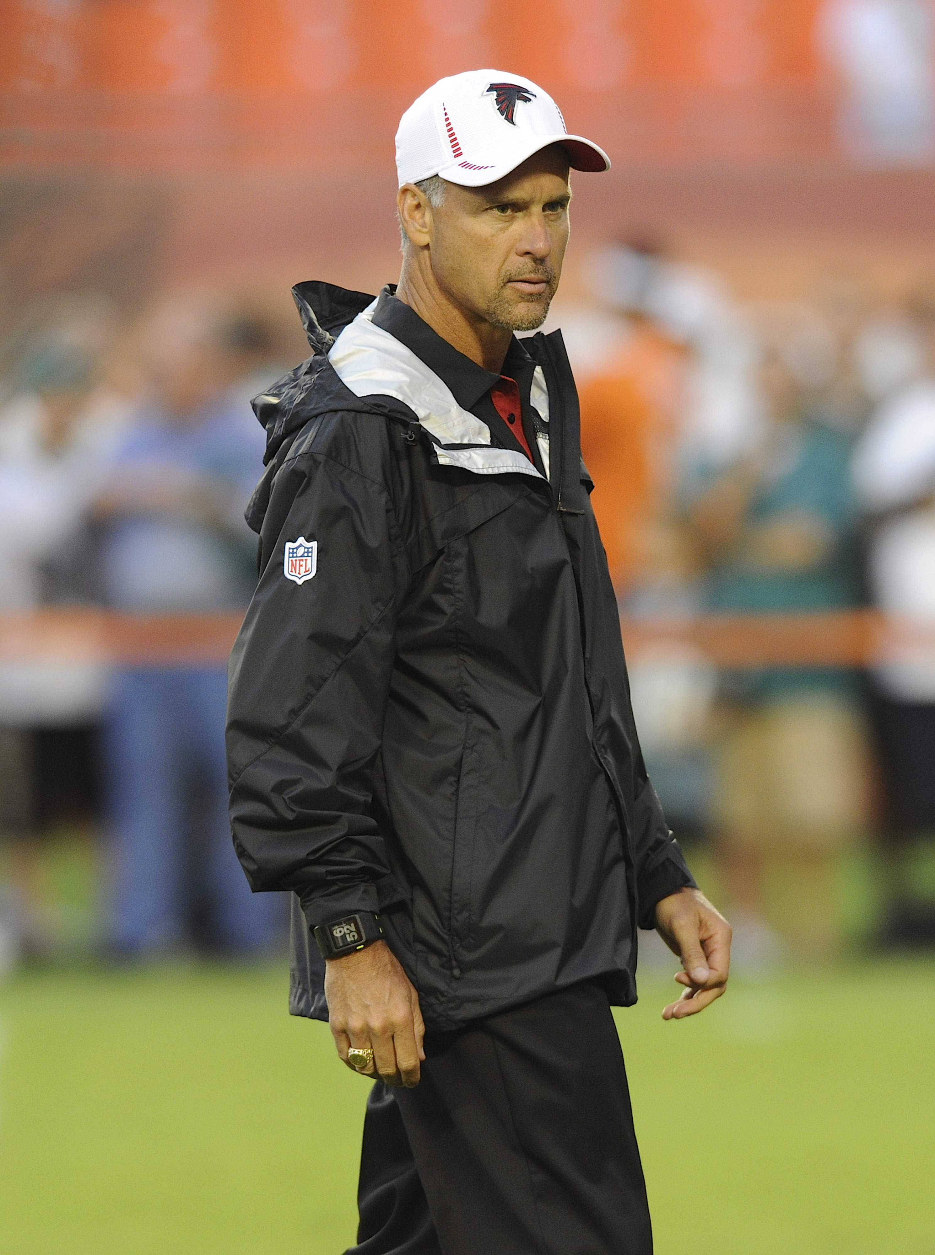 Aug. 24, 2012; Miami, FL, USA; Atlanta Falcons defensive coordinator Mike Nolan looks on before a game against the Miami Dolphins at Sun Life Stadium. Mandatory Credit: Steve Mitchell-US PRESSWIRE