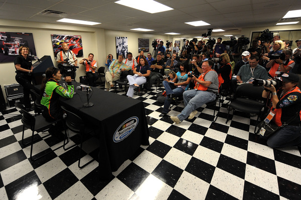 LOUDON, NH - JUNE 25:  Danica Patrick, driver of the #7 GoDaddy.com Chevrolet, speaks to the media during a press conference at New Hampshire Motor Speedway on June 25, 2010 in Loudon, New Hampshire.  (Photo by Drew Hallowell/Getty Images for NASCAR)